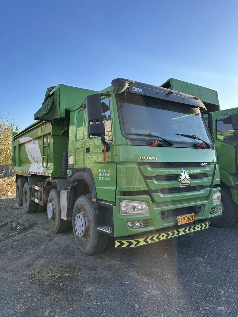 HOWO  8×4 dump truck side profile with four axles visible — two front steering and two rear drive axles