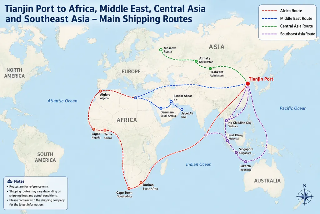 World map, marking the main shipping routes from Tianjin Port to Africa, the Middle East, Central Asia and Southeast Asia.