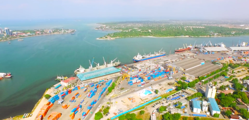 Dar es Salaam port aerial view, one of East Africa's busiest cargo hubs handling used truck imports from China