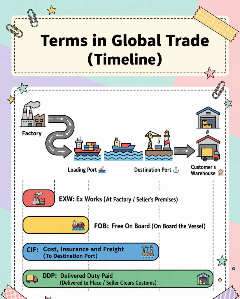 International trade terms timeline showing EXW, FOB, CIF and DDP delivery responsibility from factory to customer warehouse