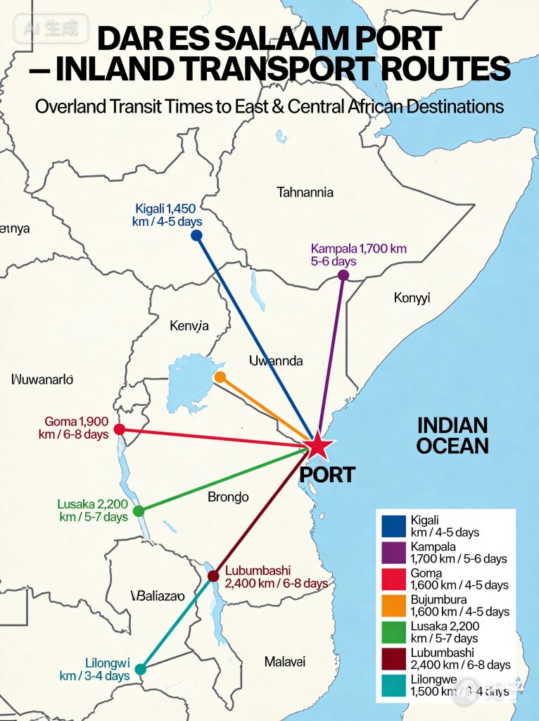 Dar es Salaam port serves Tanzania Zambia DRC Rwanda Burundi inland transport routes