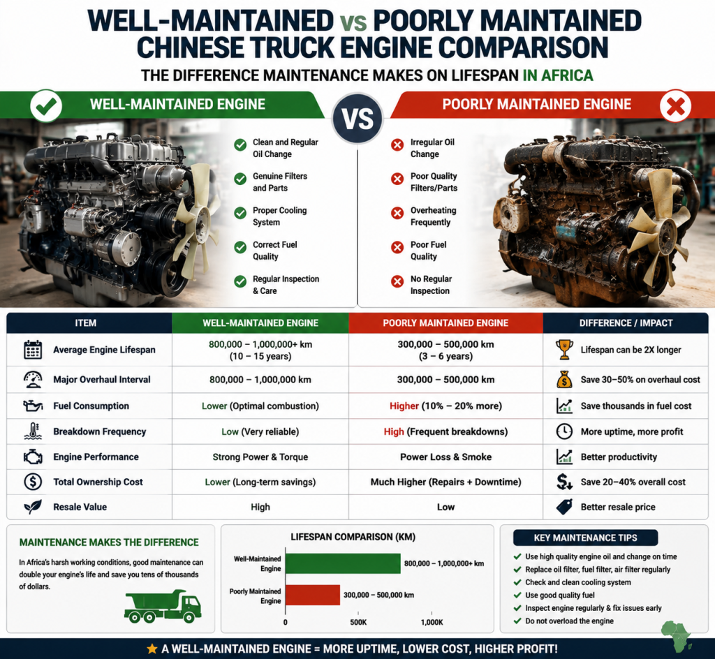 Well-maintained Chinese truck engine vs poorly maintained engine comparison showing the difference maintenance makes on lifespan in Africa