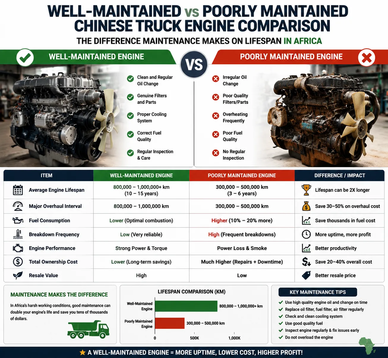 used truck inspection checklist — engine maintenance quality comparison chart