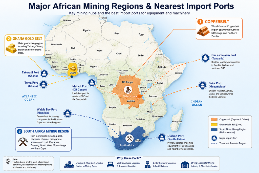 Map of Africa showing major mining regions (Copperbelt, Ghana gold belt, South Africa) and their nearest import ports
