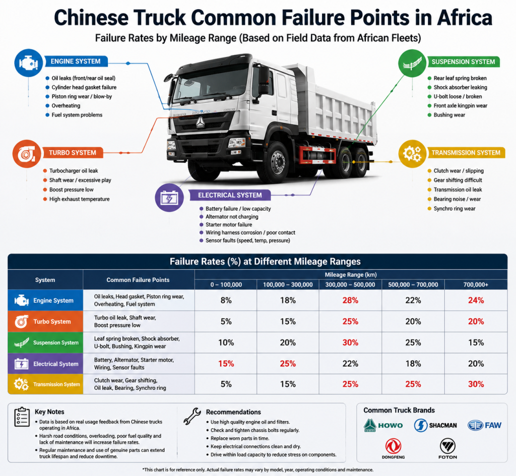 Chinese truck common failure points diagram showing engine, turbo, suspension, electrical and transmission failure rates at different mileage ranges in Africa