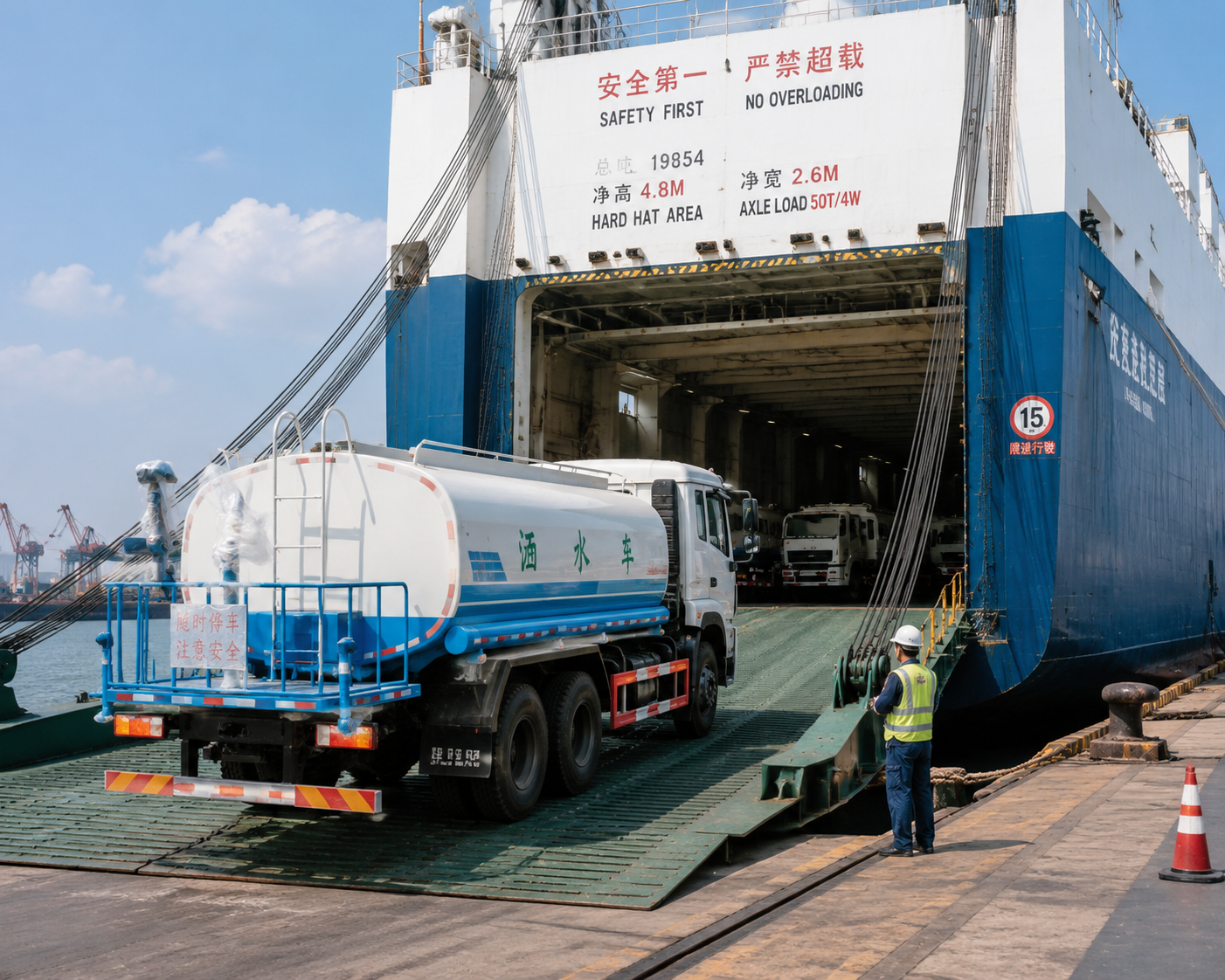 A water truck driving onto a RoRo vessel or being prepared for container loading at a Chinese port.