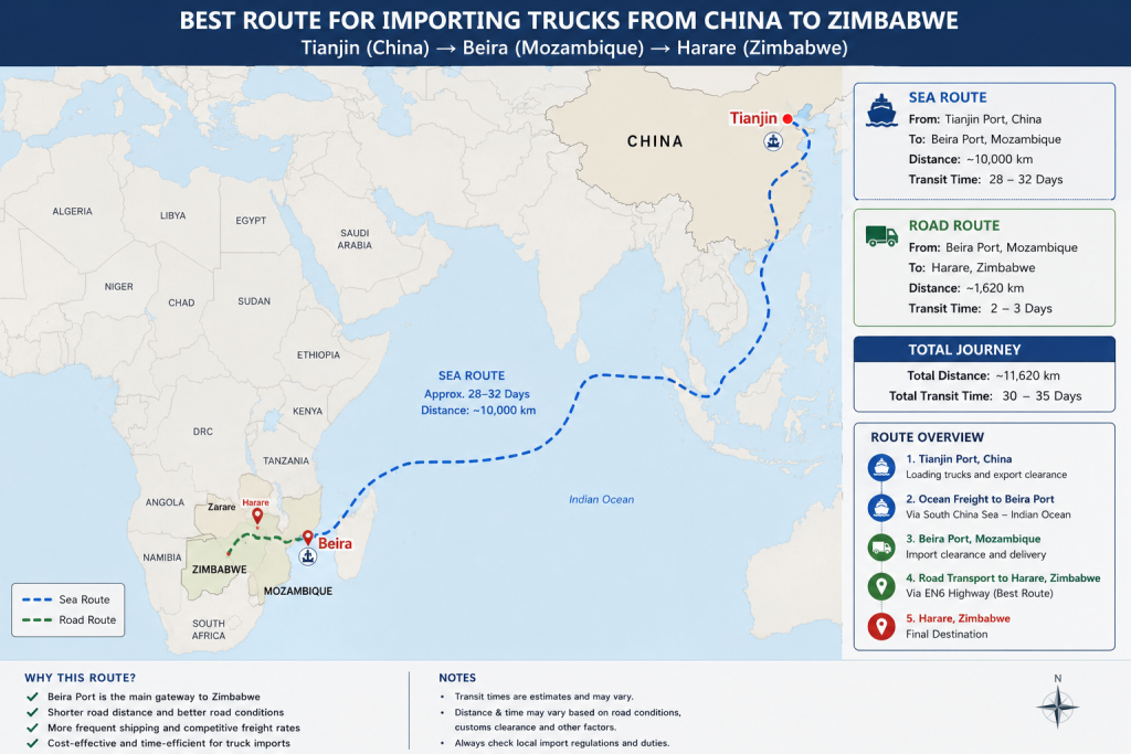 Map showing shipping route from Tianjin China to Beira Mozambique then road to Harare Zimbabwe - best route for importing trucks from China