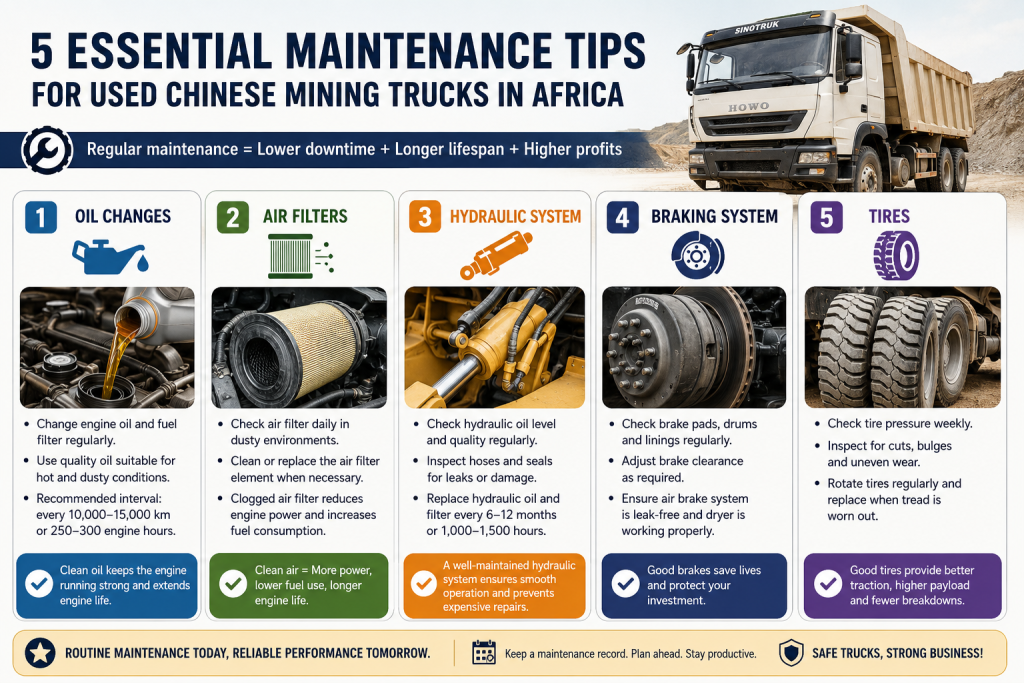 Five maintenance tips for used Chinese mining trucks in Africa: oil changes, air filters, hydraulics, brakes, tires