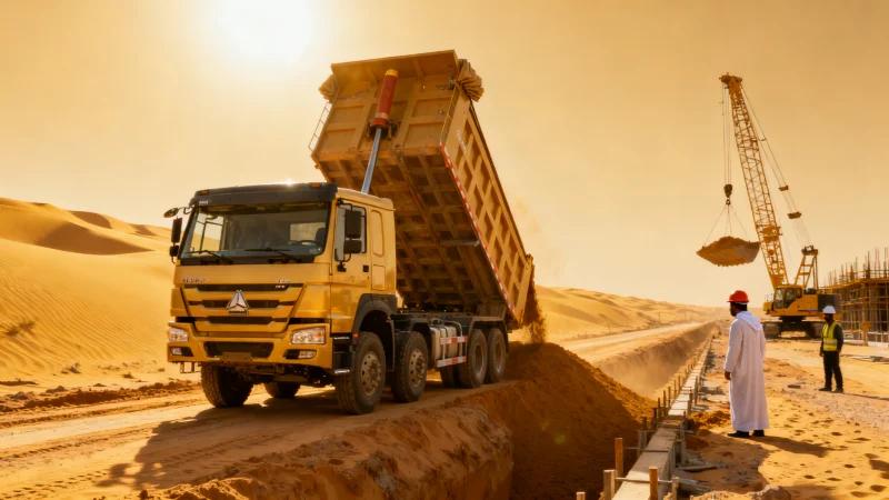 HOWO 371 dump truck unloading sand at a Nigerian construction site - sand delivery business with Chinese used truck