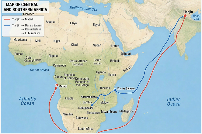 Two main shipping routes from China to DRC: Port of Matadi (west) via the Congo River, and Port of Dar es Salaam via Kasumbalesa border (east) for Katanga mining region