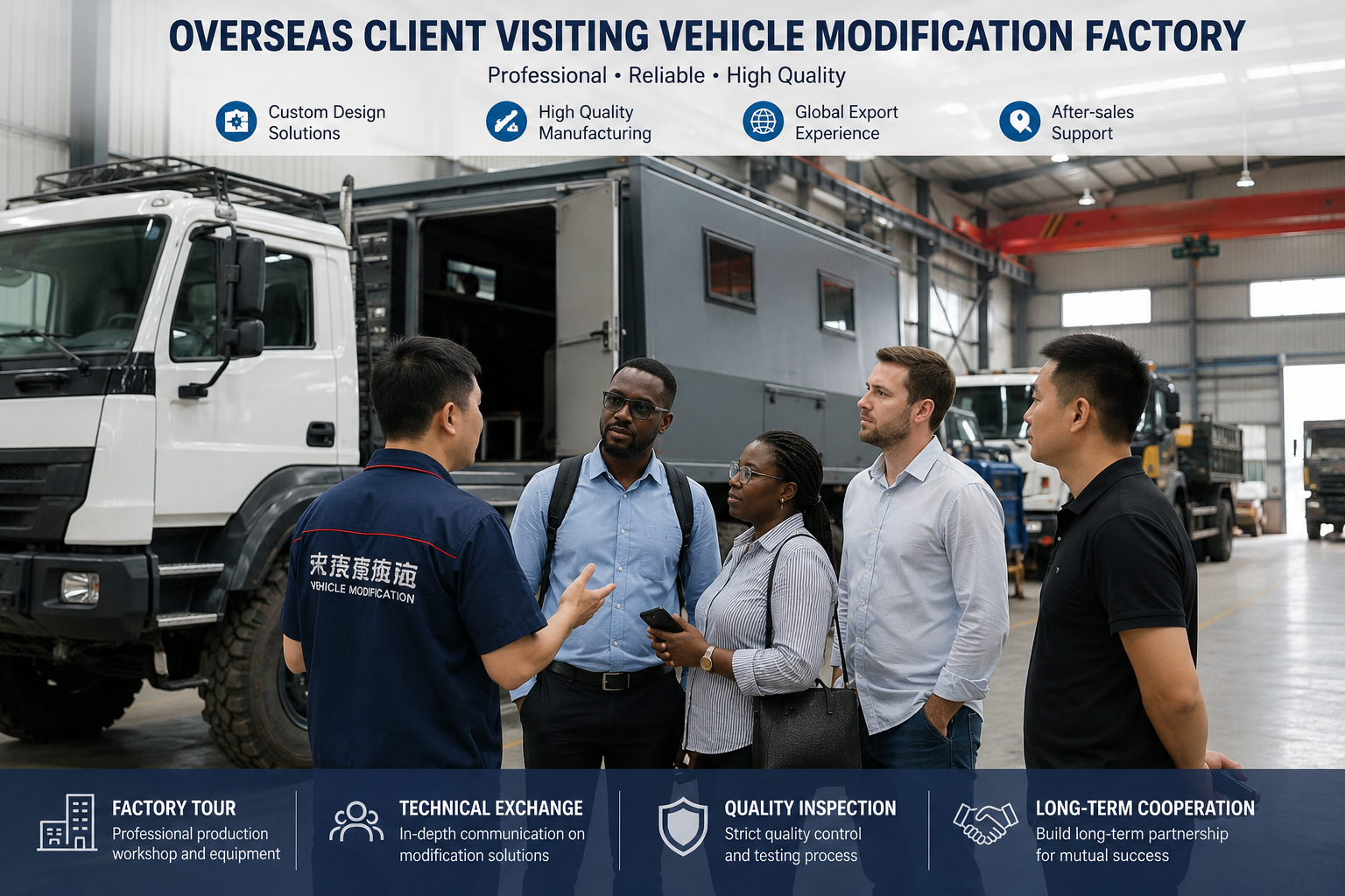 Nigerian buyer visiting a truck factory in China inspecting a Shacman custom build