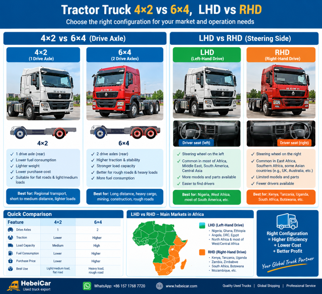 Prime mover China export map — left-hand-drive and right-hand-drive used truck markets in Africa, 2026
