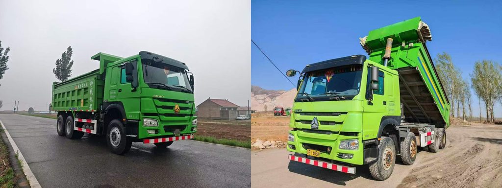 Used HOWO 371 6x4 and HOWO 400 8x4 dump trucks parked side by side at our export yard in Xingtai, China — horsepower comparison for African buyers