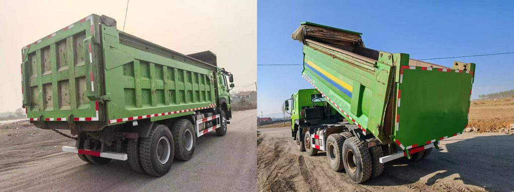 HOWO dump body comparison: 6x4 20 cubic metre tipper beside an 8x4 28 cubic metre mining body on used trucks for export to Africa