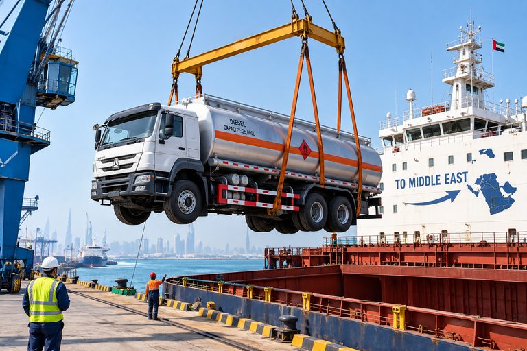 The oil tanker was lifted onto the ship at the port, ready for export to the Middle East.