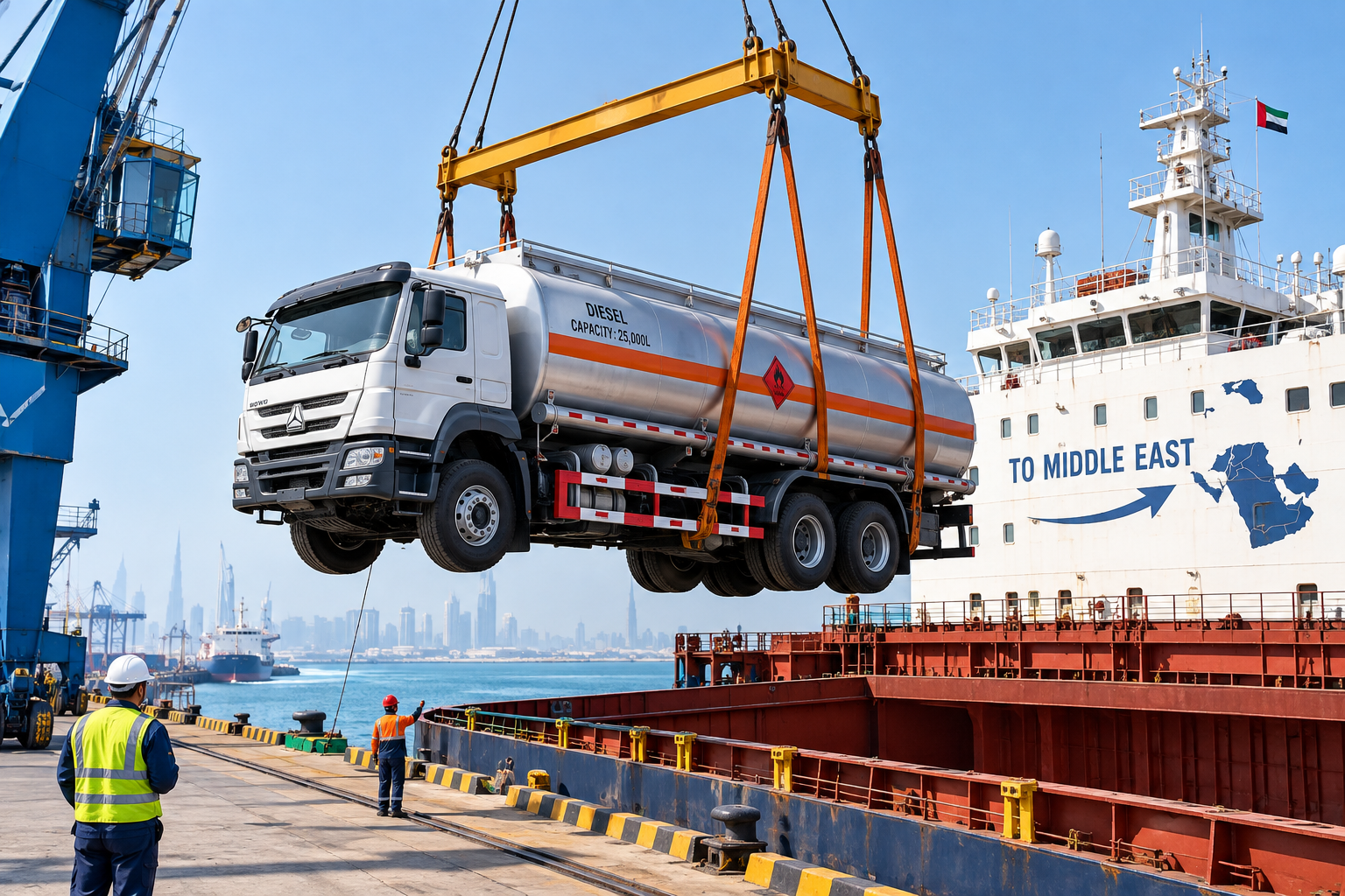 The oil tanker was lifted onto the ship at the port, ready for export to the Middle East.