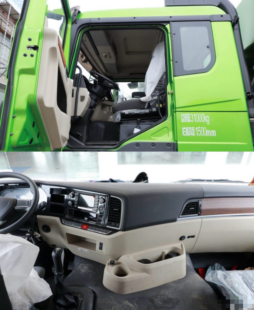 Interior of a used Shacman X5000 550hp tractor truck for export — high-roof cab and air-suspension driver seat