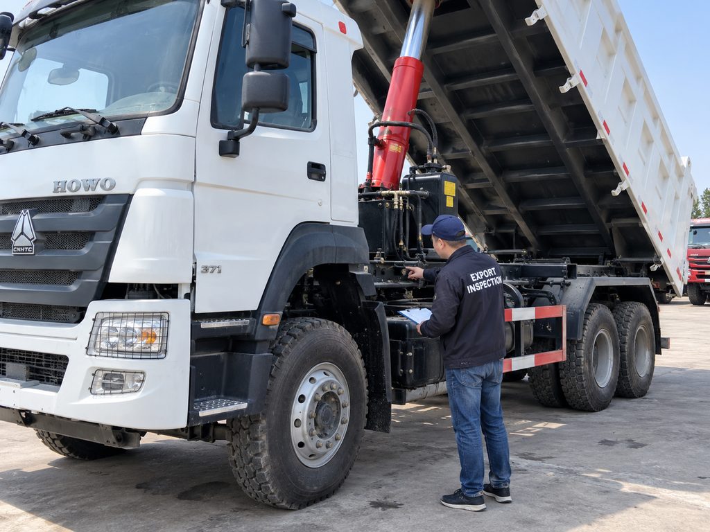 Inspecting the chassis frame and tipping hydraulics of a used HOWO dump truck before export at our yard in Xingtai, Hebei