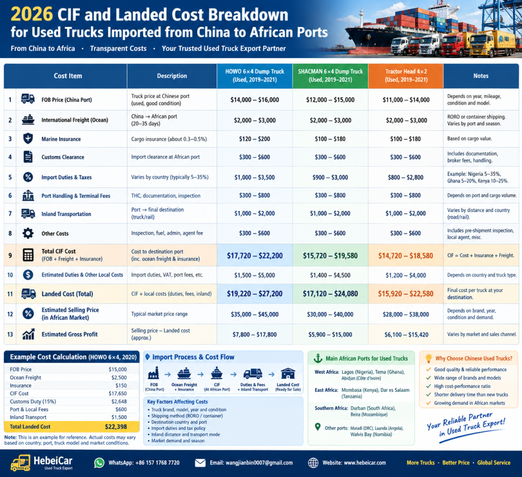 2026 CIF and landed cost breakdown chart for used trucks imported from China to African ports