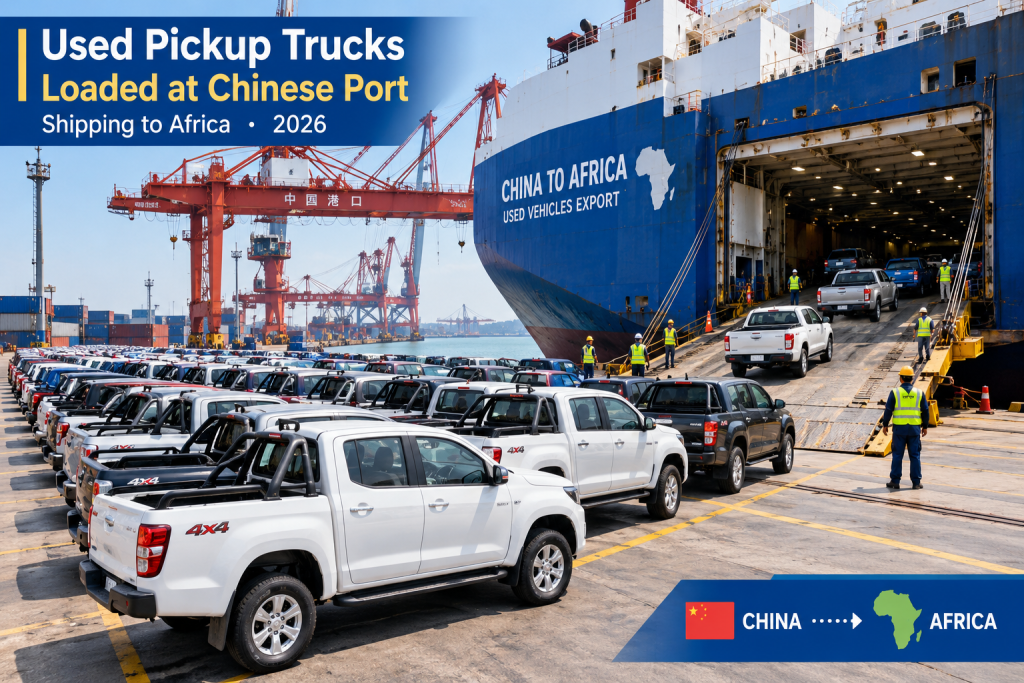 Used pickup trucks loaded at a Chinese port for shipping to Africa in 2026